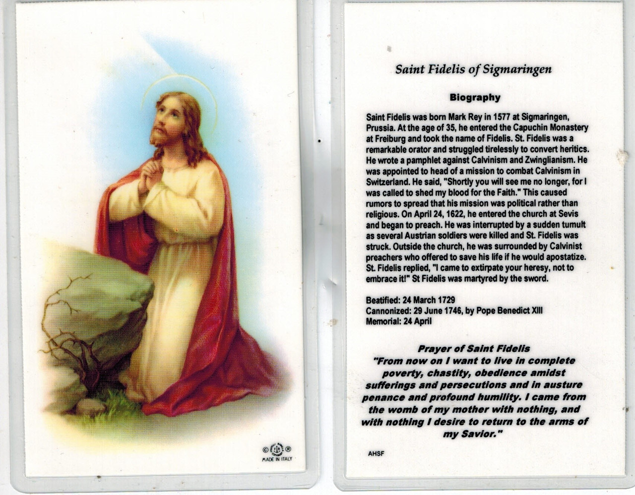 Saint Fidelis Laminated Prayer Card