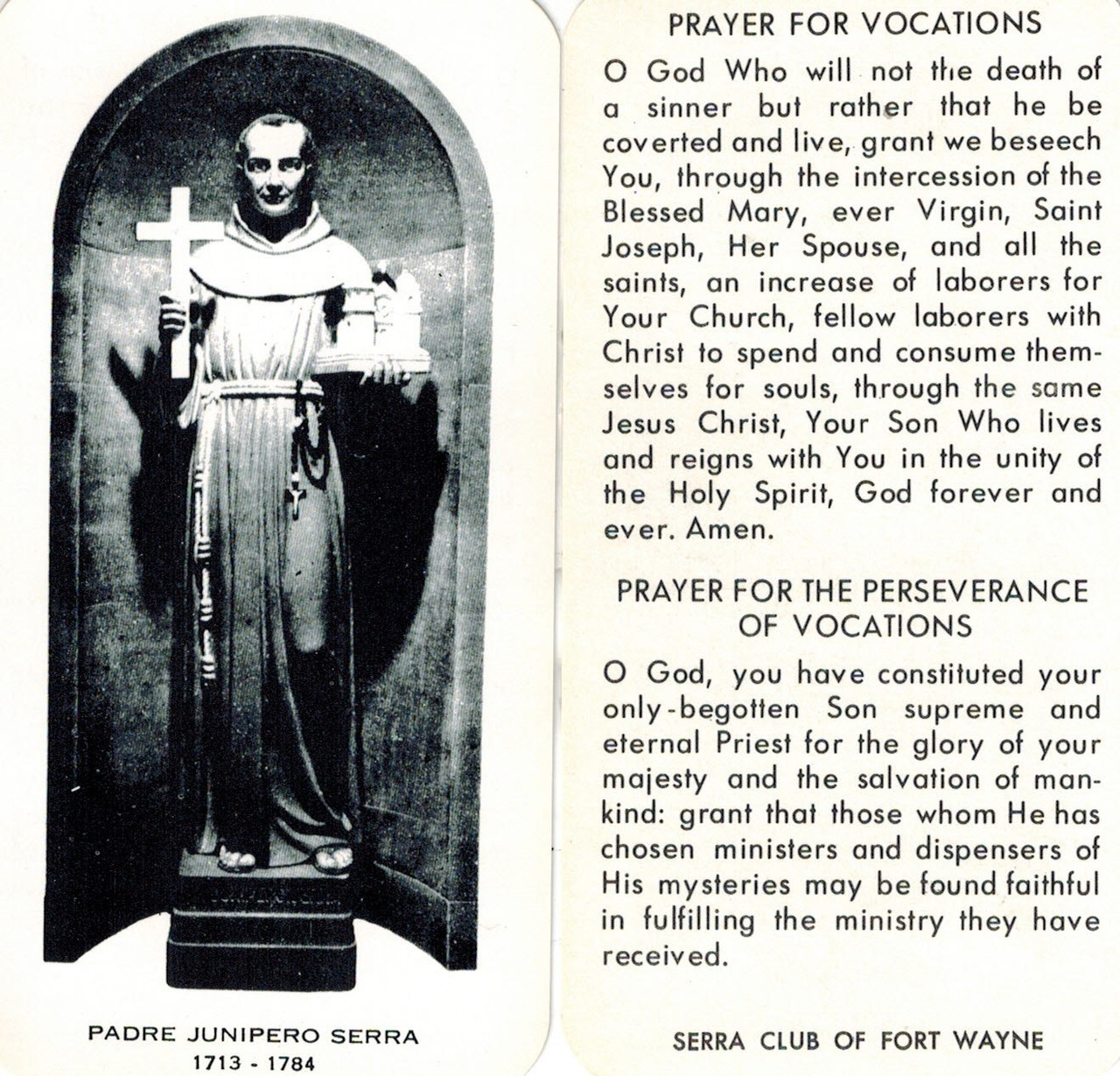 Junipero Serra Prayer Card - Vintage