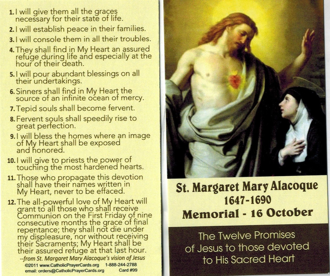 Twelve promises of the Sacred Heart to Saint Margaret Mary Alacoque prayer card