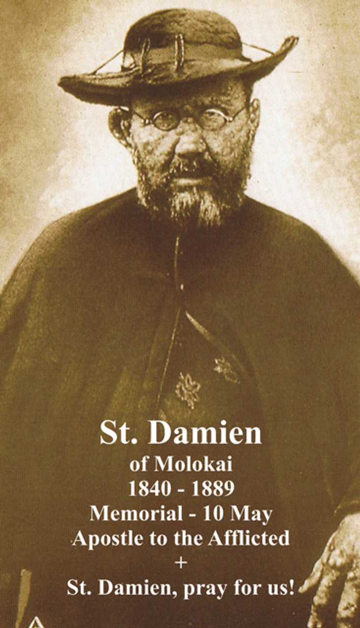 Saint Damien of Molokai prayer card with quotes on Eucharist by Saint Damian