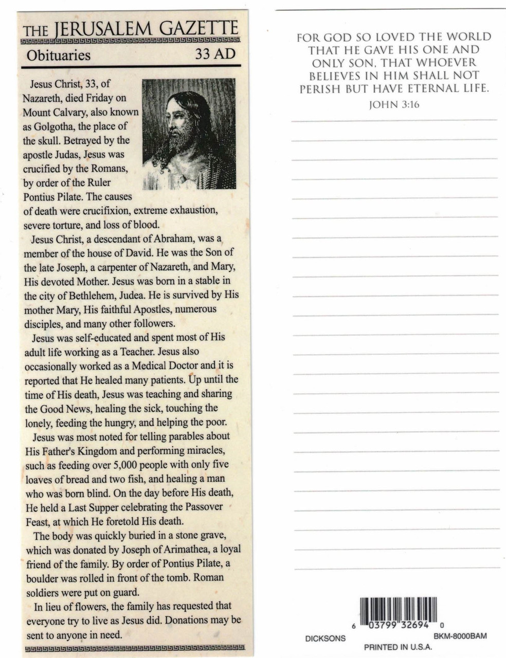 Obituary of Jesus Bookmark with Room to Record Prayer Requests on back