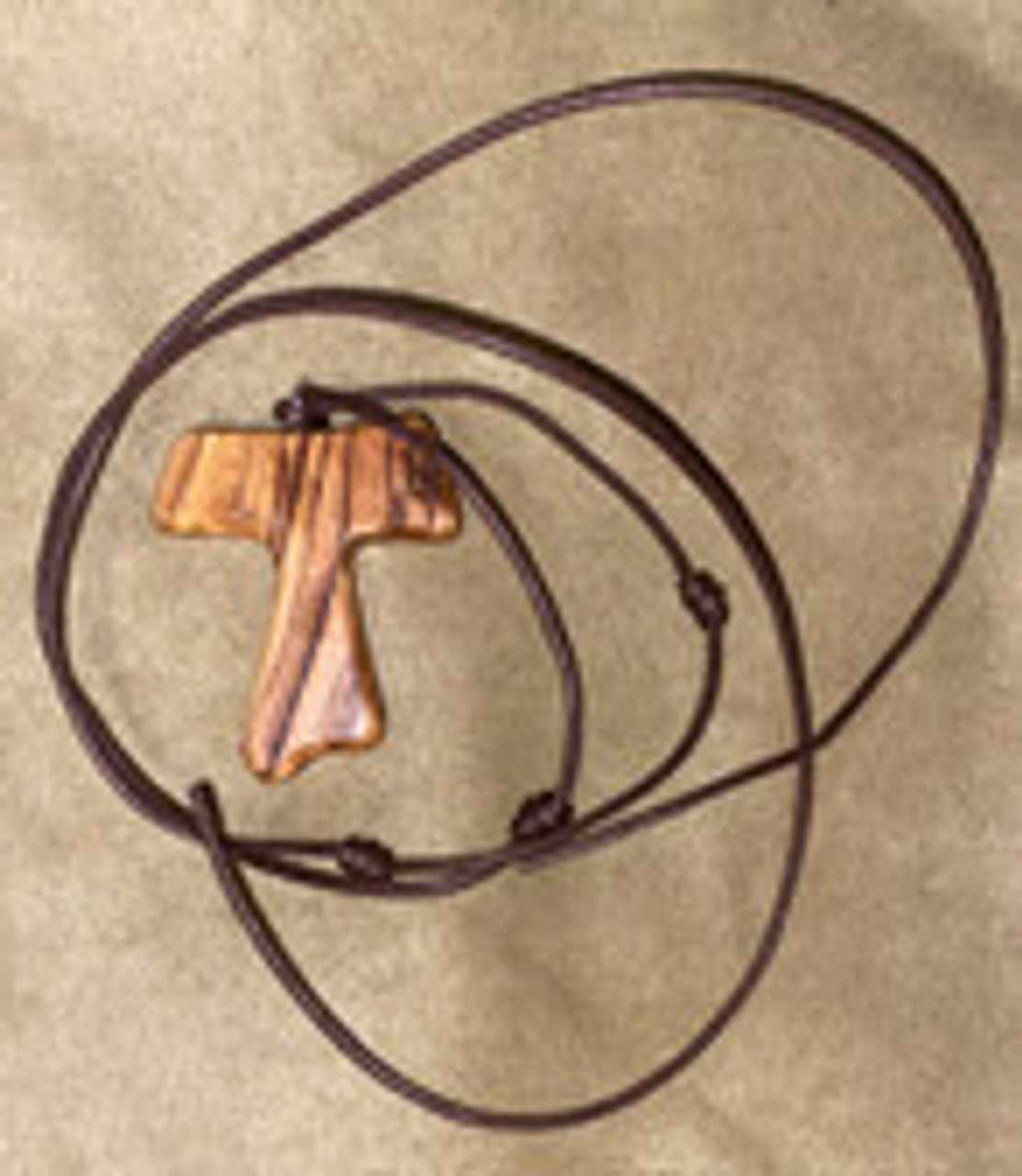 2" Classic Olive Wood Tau Pendant on Sturdy Brown Cord With 3 Barrel Knots 2" Classic Olive Wood Tau Pendant on Sturdy Brown Cord With 3 Barrel Knots