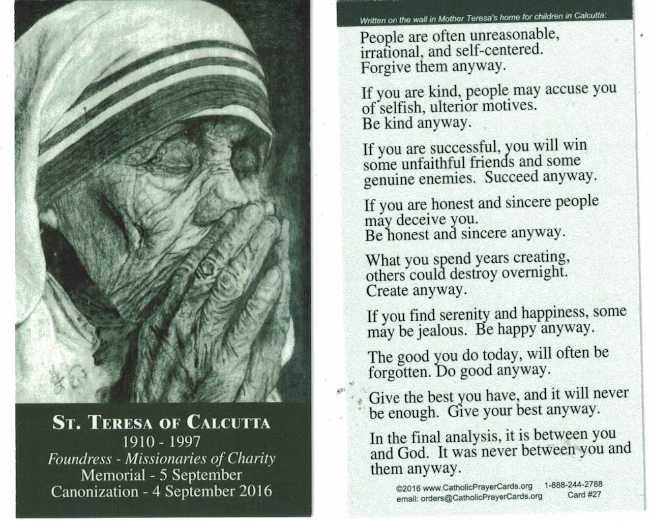 Saint Mother Teresa People are often unreasonable Prayer Card
