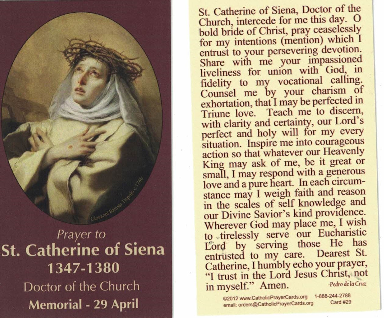 Prayer to Saint Catherine of Siena, Doctor of the Church, Prayer Card