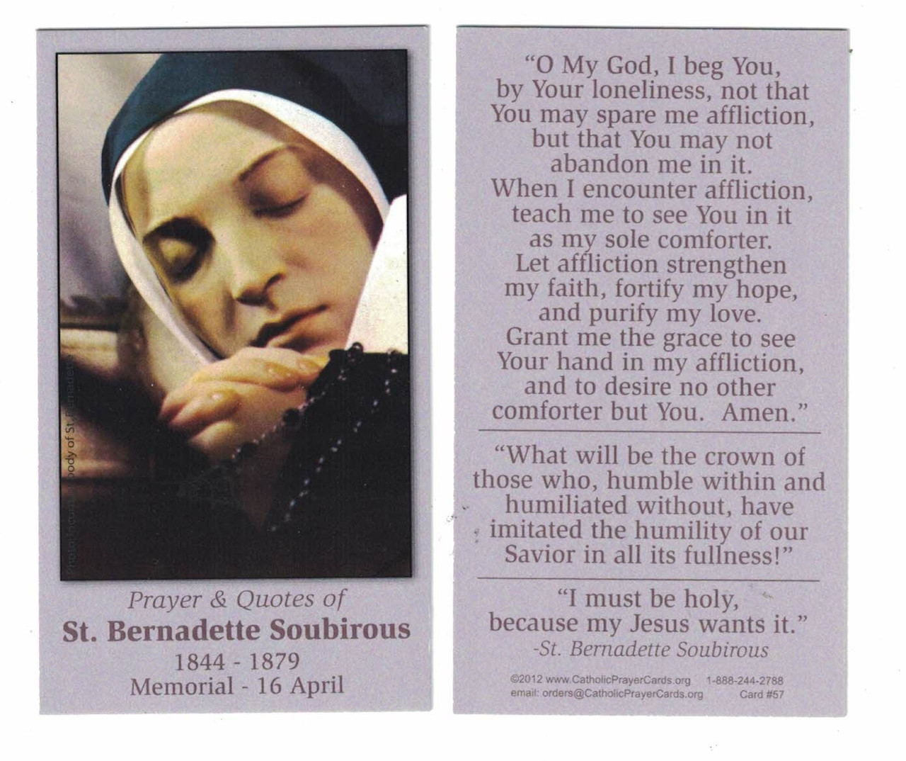 Saint Bernadette Soubirous Prayer Card