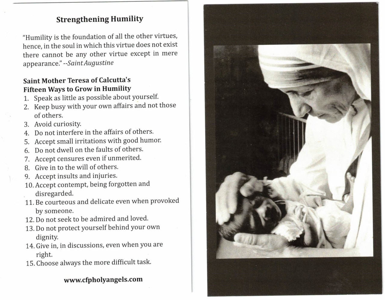 Strengthening, Growing in, Fostering Humility --Mother Teresa's Method--Prayer Card