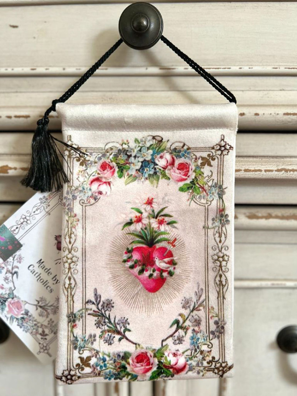 Immaculate Heart of Mary with Flowers and Dove Vintage Blessing Pouch