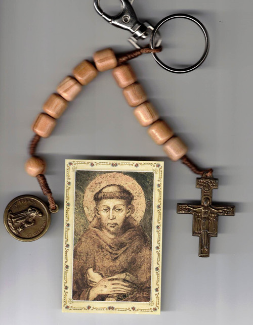 Franciscan Olive Wood One Decade Rosary Key Chain with San Damiano