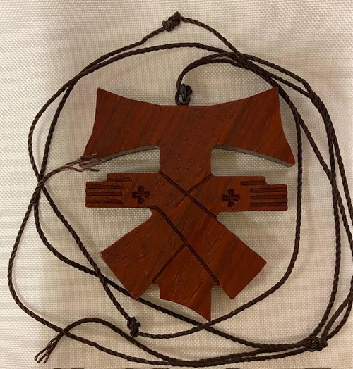 Handcrafted Padauk Wood Crossed Arms Tau Cross Franciscan Crest with crosses  on 36" knotted cord - Curved Top