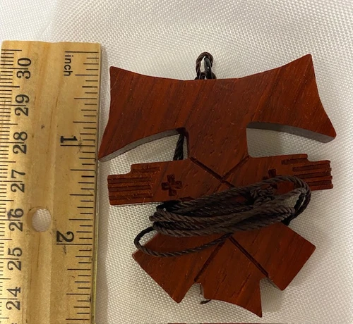 Handcrafted Padauk Wood Crossed Arms Tau Cross Franciscan Crest with crosses  on 36" knotted cord - Curved Top