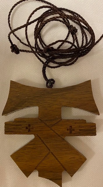 Handcrafted Walnut Wood Crossed Arms Tau Cross Franciscan Crest with Crosses on 36" knotted cord - Curved Top