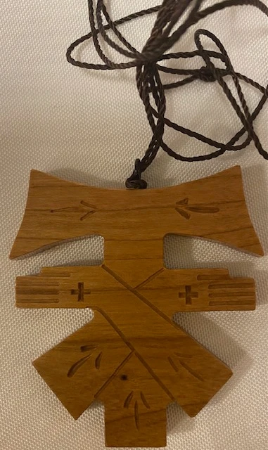 Handcrafted Cherry Wood Crossed Arms Tau Cross Franciscan Crest with Embellishments on 36" knotted cord - Curved Top