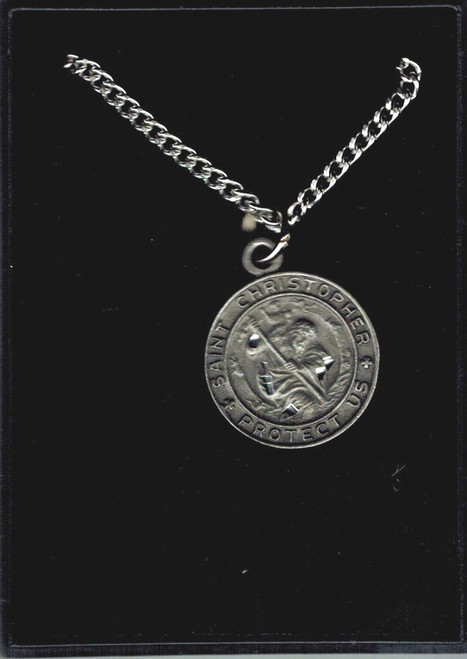 Round Saint Christopher Medal, 1", Pewter on Chain