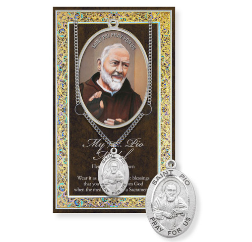Saint Pio Genuine Pewter Medal on a 24" Chain with Biography and Picture Folder