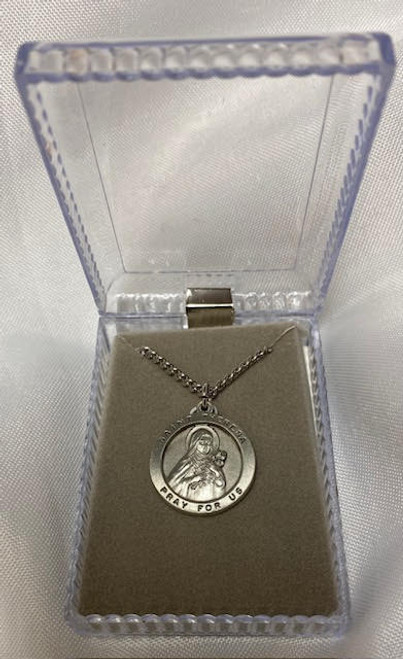 St. Theresa Genuine Pewter Medal on a 24" Chain, Boxed