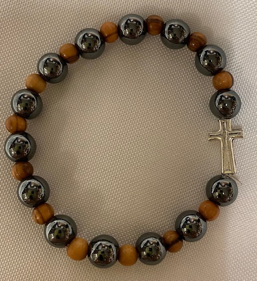 Hematite & Olive Wood  Bead Stretch Bracelet with Cross from Holy Land - one size fits most