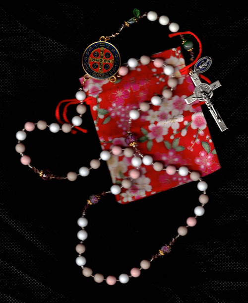Benedictine Medal Rosary with Case Handcrafted - Salmon and Pinks
