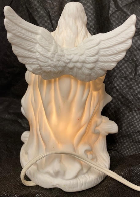 Vintage Porcelain Guardian Angel  With Children - Gold Tipped Wings - Electric Night Light. 7" high