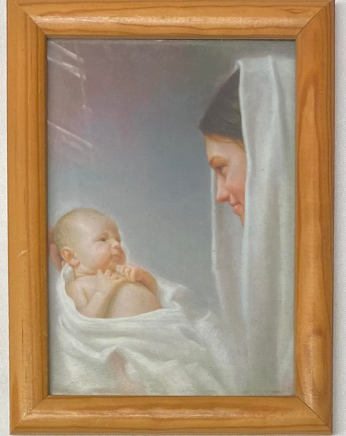 Vintage 6' x 8" Wood Framed Picture of Madonna and Child