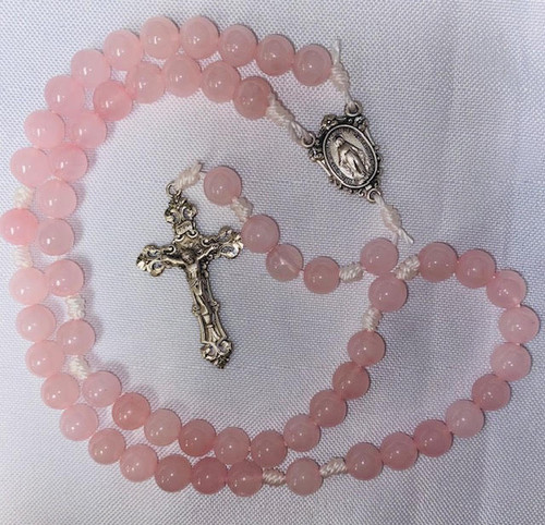 Beautiful Rose Quartz Corded Rosary with Sterling Silver Center & Crucifix