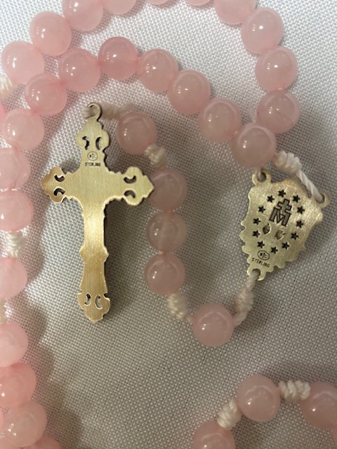 Beautiful Rose Quartz Corded Rosary with Sterling Silver Center & Crucifix