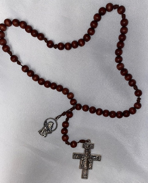 Five Decade Wooden Bead and Brown Cord Franciscan Rosary with San Damiano Crucifix and St. Francis Medal