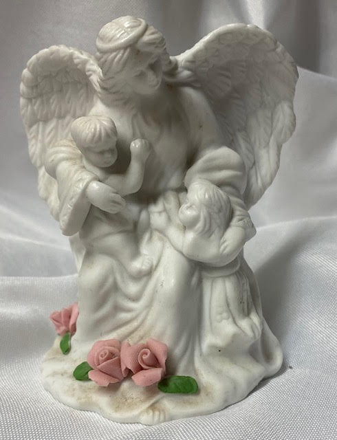 White Bisque Ceramic Guardian Angel with Children