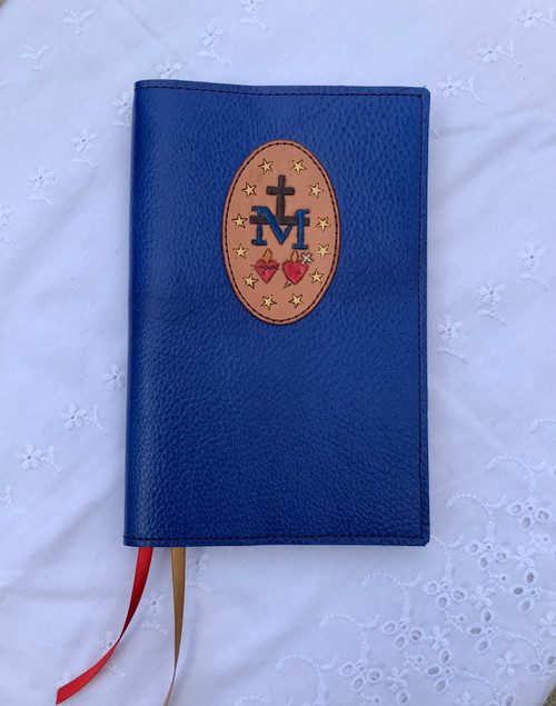 Handcrafted Leather Magnificat Cover - Royal Blue with Painted Miraculous Medal Image