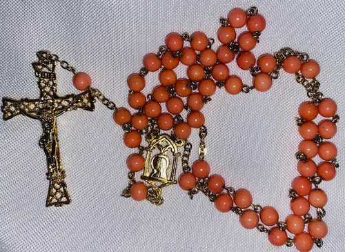 Beautiful Coral Color Rosary with Gold-tone Medals - Comes with velvet Bag