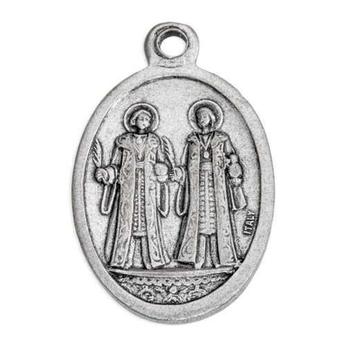 1" Oval Antiqued Silver Oxidized Saint Cosmos and Saint Damian Medal - new image