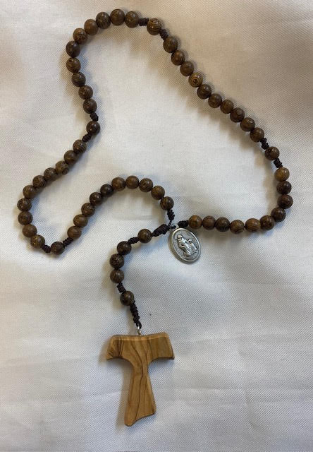 Wooden Bead and Brown Cord Rosary with Tau Cross/St Francis Medal