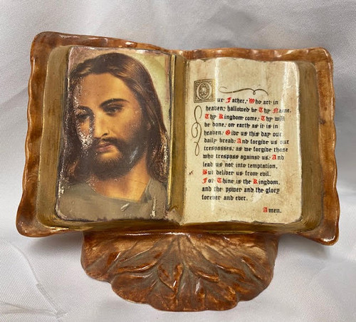 Vintage Ceramic Statue - Open Bible to Our Father with Image of Jesus