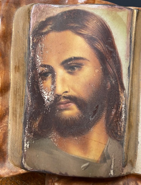 Vintage Ceramic Statue - Open Bible to Our Father with Image of Jesus