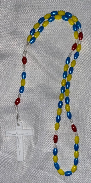 Plastic Teal/Yellow Rosary with Red Our Father Beads