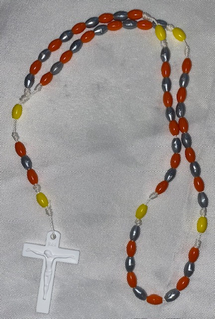 Plastic Grey/Orange Rosary with Yellow Our Father Beads