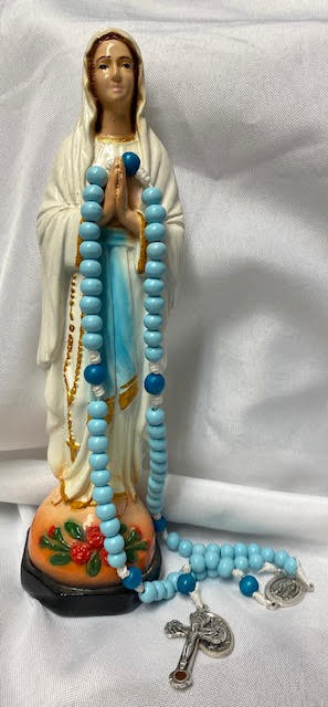 Vintage Plastic OL Lourdes 8" Statue with Handcrafted Our Lady of Lourdes Six Decade Purgatory Wood Bead Rosary St. Bernadette Medal with Holy Land Soil of Jerusalem Crucifix
