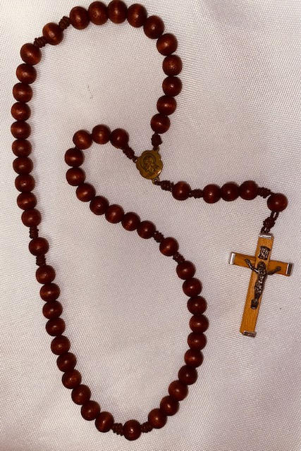 Newly Strung Rosary with Strong Brown Cord, Wood Beads and Vintage Centerpiece/Crucifix 