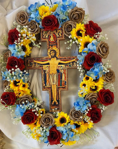 Beautiful Handcrafted Wreath with San Damiano Crucifix 27"X24" - made to order