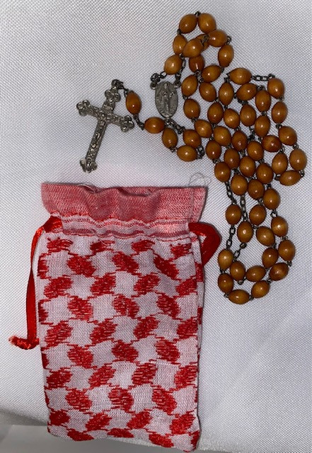 Vintage Brown Bead Rosary with Drawstring Bag