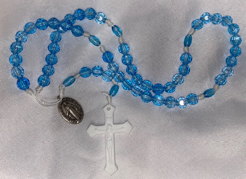 Ice Blue Plastic Bead Rosary - Newly Strung with Vintage Miraculous Medal