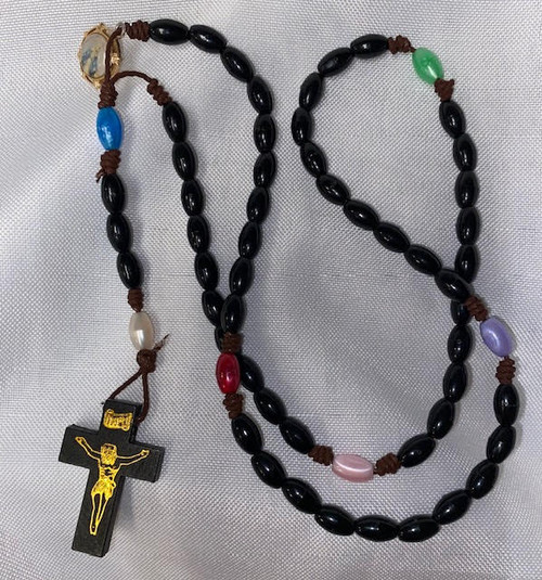 Plastic Bead/Wood Crucifix Rosary with Vintage Marian Medal on Strong Brown Cord