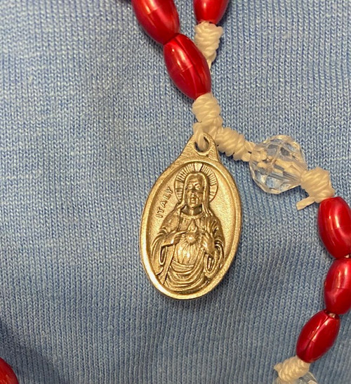 Deep Pink Plastic Bead Rosary with Sacred/Immaculate Heart Medal on Strong White Cord