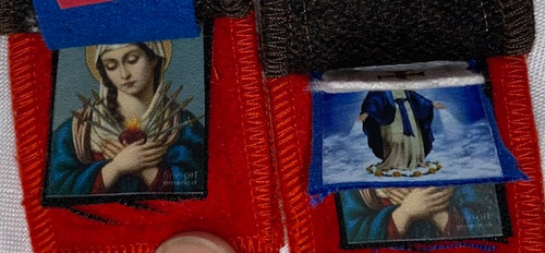 Beautifully Hand-Crafted Five Fold Scapular on Red Cord - Five Scapulars on One Cord with Miraculous Medal - Five of the Earliest Scapulars Approved by the Catholic Church