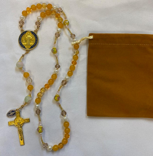 Stunning Handmade Rosary with "Velvet" Case - Gold-tone St. Benedict Centerpiece & Crucifix