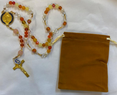 Stunning Handmade Rosary with "Velvet" Case - Gold-tone St. Benedict Centerpiece & Crucifix - Miraculous Medal