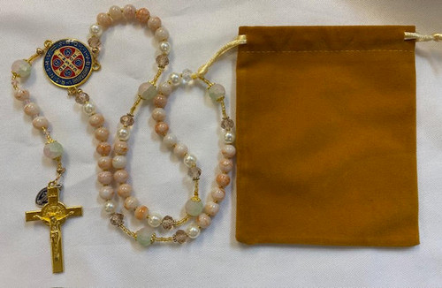 Stunning  Coral/Cream Handmade Rosary with Velvet Case - Gold-tone St. Benedict Centerpiece & Crucifix - Miraculous Medal
