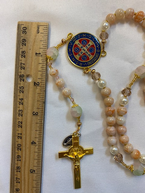 Stunning  Coral/Cream Handmade Rosary with "Velvet" Case - Gold-tone St. Benedict Centerpiece & Crucifix - Miraculous Medal