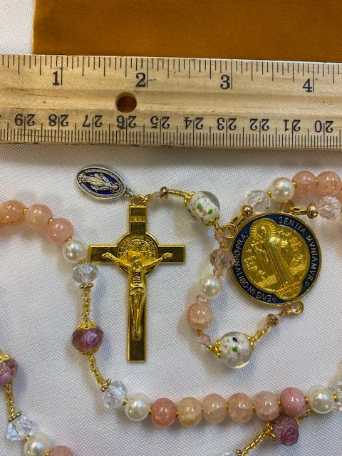 Stunning Handmade Rosary with Velvet Case - 1" Gold-tone St. Benedict Centerpiece & Crucifix - Miraculous Medal
