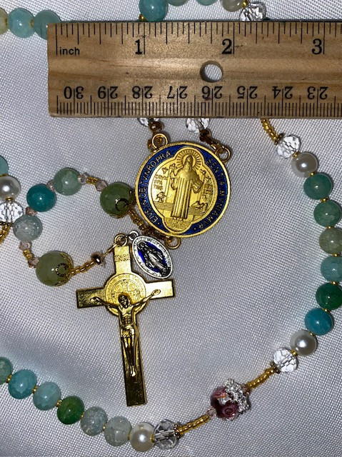 Beautiful Handmade Rosary with Velvet Case - 1" Gold-tone St. Benedict Centerpiece & Crucifix - Miraculous Medal