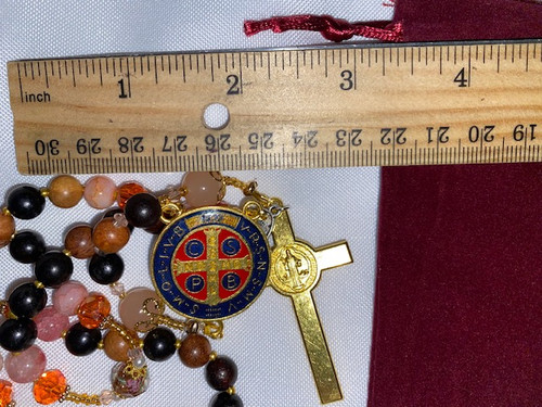 Handmade Rosary with Velvet Case - 1" Gold-tone St. Benedict Centerpiece & Crucifix - Miraculous Medal